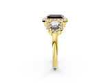Yellow gold Fancy Black Emerald Cut Diamond Three-Stone Halo Ring with Prong Setting and Pavé Accents_2