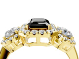 Yellow gold Fancy Black Emerald Cut Diamond Three-Stone Halo Ring with Prong Setting and Pavé Accents_4