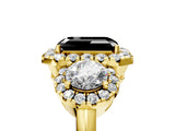 Yellow gold Fancy Black Emerald Cut Diamond Three-Stone Halo Ring with Prong Setting and Pavé Accents_5