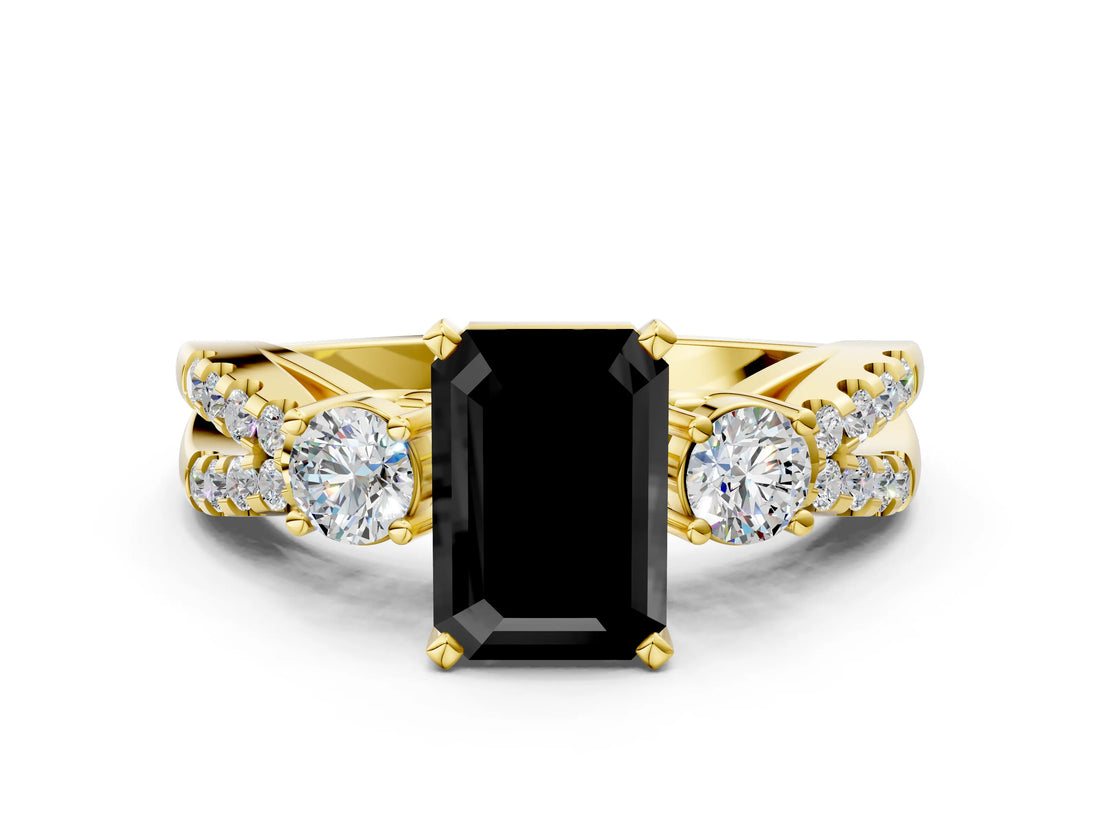 Yellow gold Fancy Black Emerald Cut Diamond Three-Stone Ring with Pavé Split Shank and Four-Prong Setting