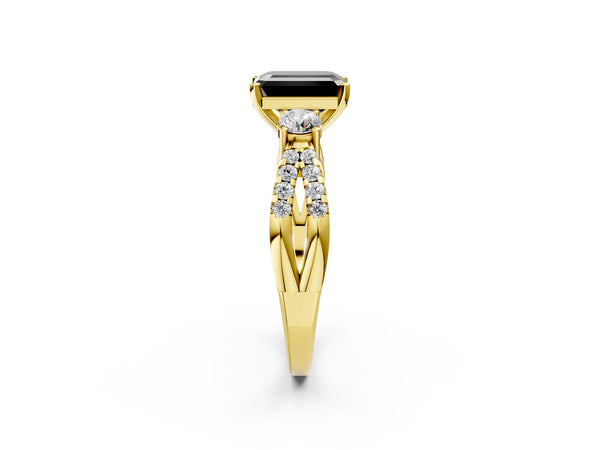 Yellow Gold Emerald Cut Three Stone Engagement Ring Setting for Black Center with Pave Split Shank