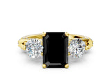 Yellow gold Fancy Black Emerald Cut Diamond Three-Stone Ring with Prong Setting and Pavé Band