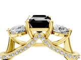 Yellow gold Fancy Black Emerald Cut Diamond Three-Stone Ring with Prong Setting and Pavé Band_4