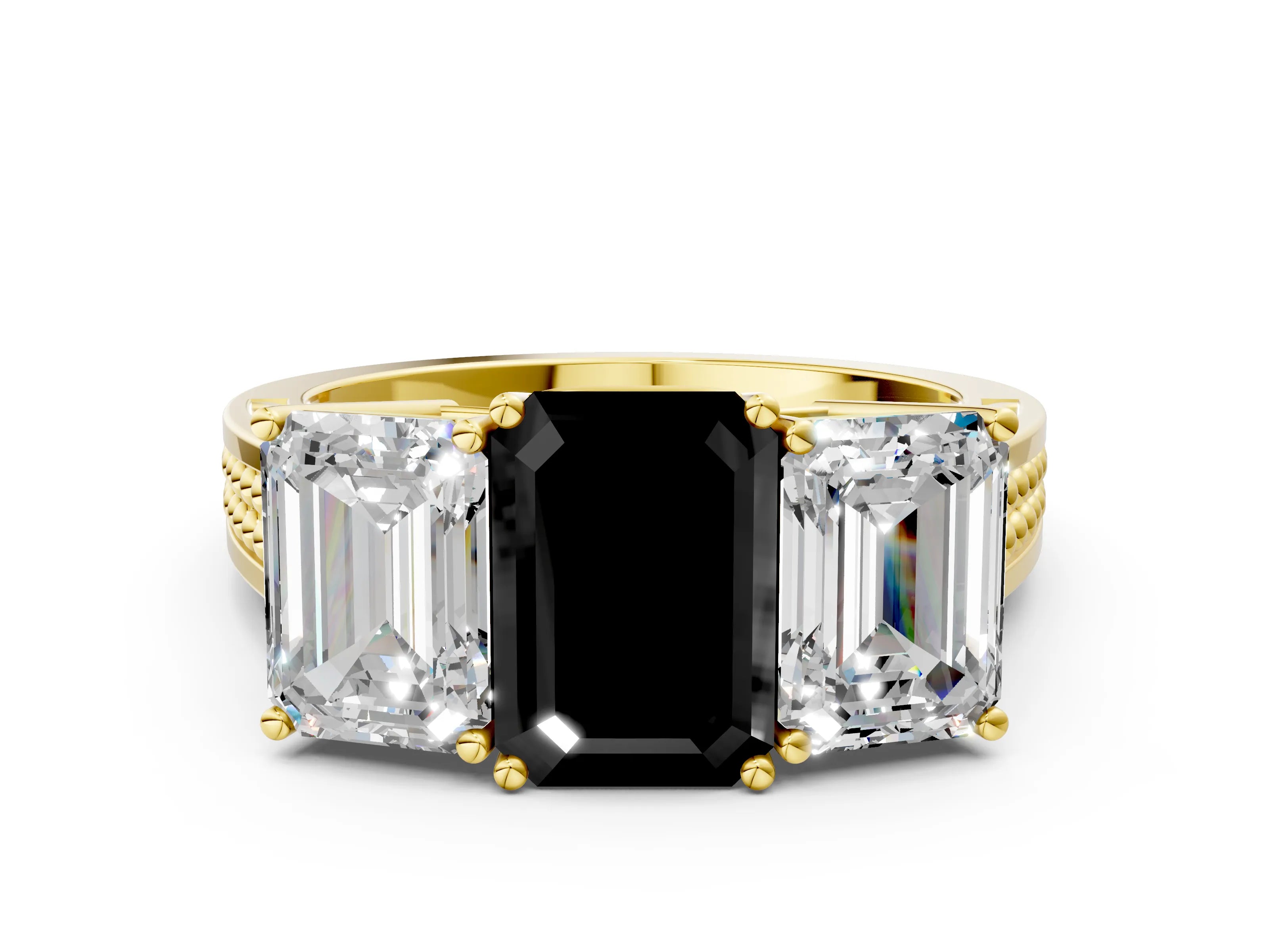 Yellow gold Fancy Black Emerald Cut Diamond Three-Stone Ring with Prong Setting and Textured Band