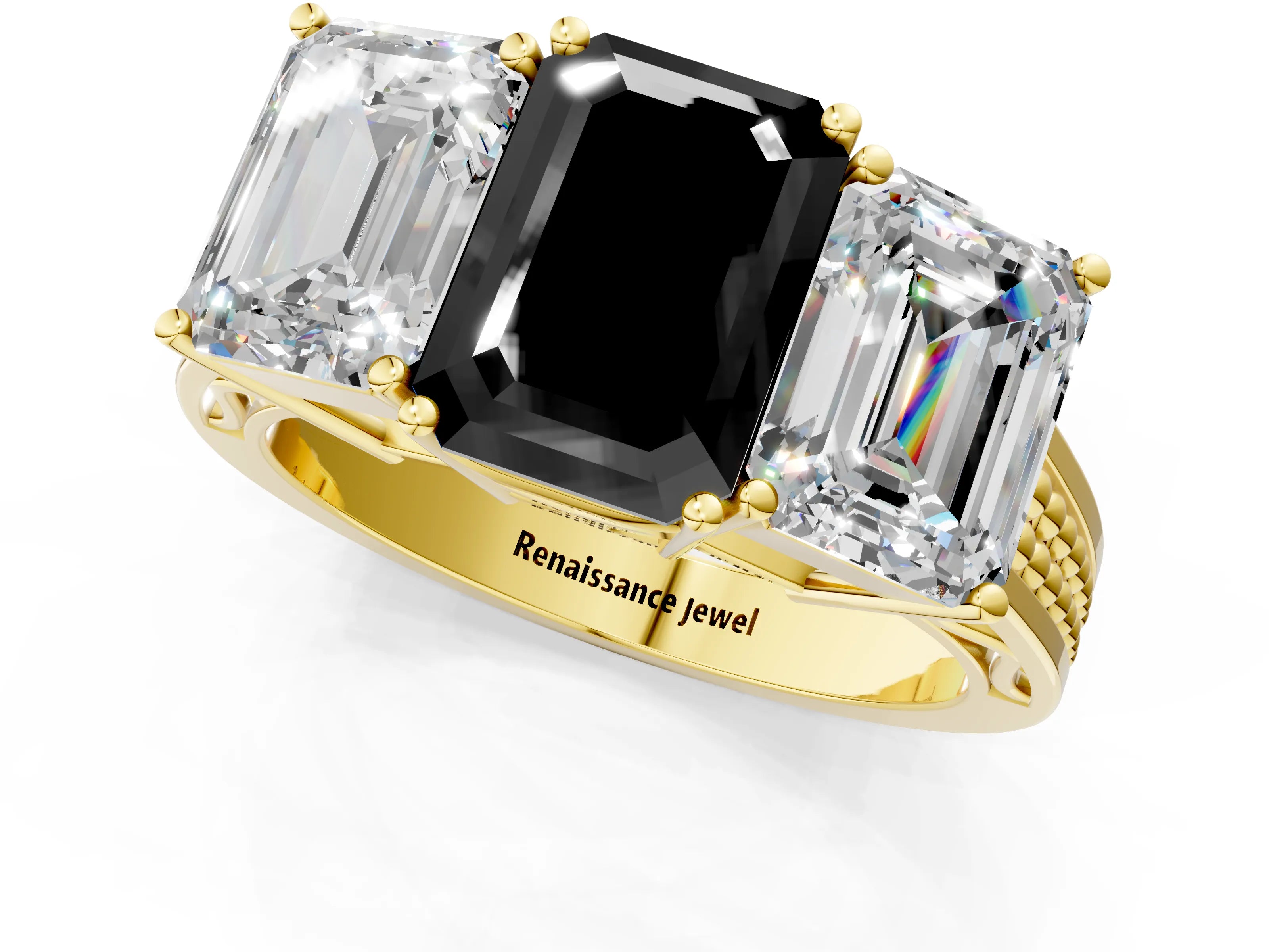 Yellow gold Fancy Black Emerald Cut Diamond Three-Stone Ring with Prong Setting and Textured Band_1