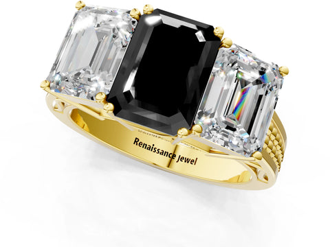 Yellow gold Fancy Black Emerald Cut Diamond Three-Stone Ring with Prong Setting and Textured Band_1