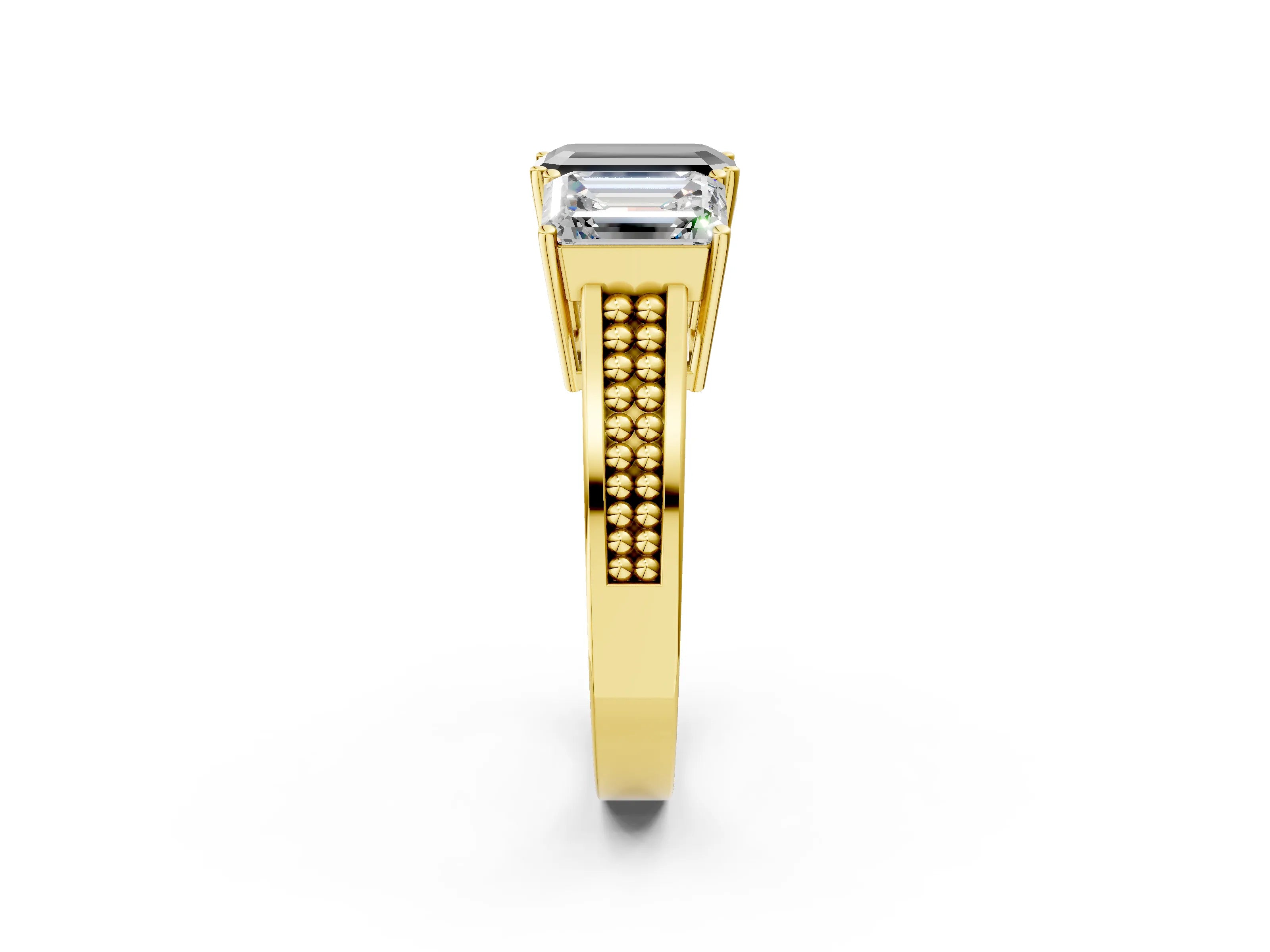 Yellow gold Fancy Black Emerald Cut Diamond Three-Stone Ring with Prong Setting and Textured Band_2