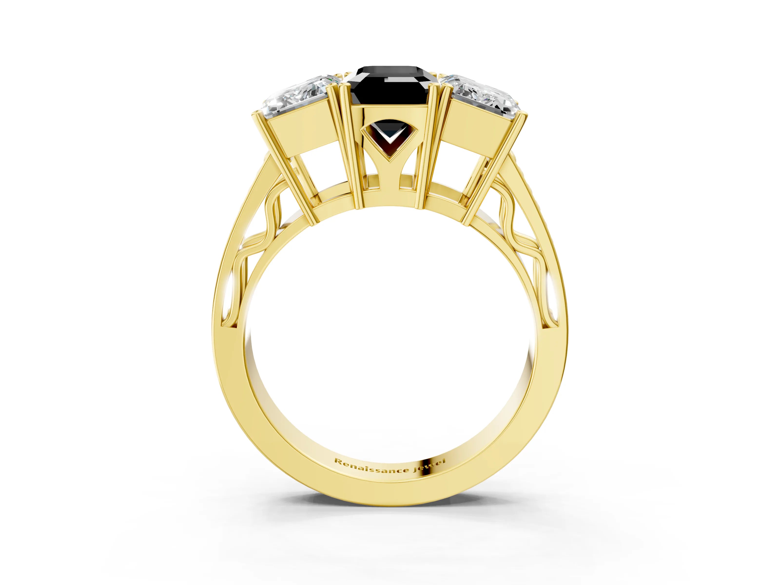 Yellow gold Fancy Black Emerald Cut Diamond Three-Stone Ring with Prong Setting and Textured Band_3
