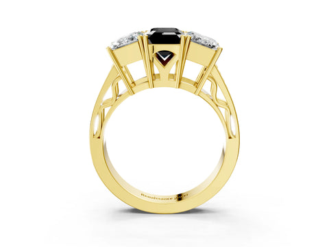 Yellow gold Fancy Black Emerald Cut Diamond Three-Stone Ring with Prong Setting and Textured Band_3