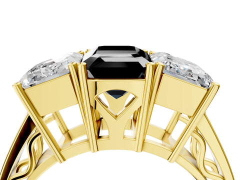 Yellow gold Fancy Black Emerald Cut Diamond Three-Stone Ring with Prong Setting and Textured Band_4