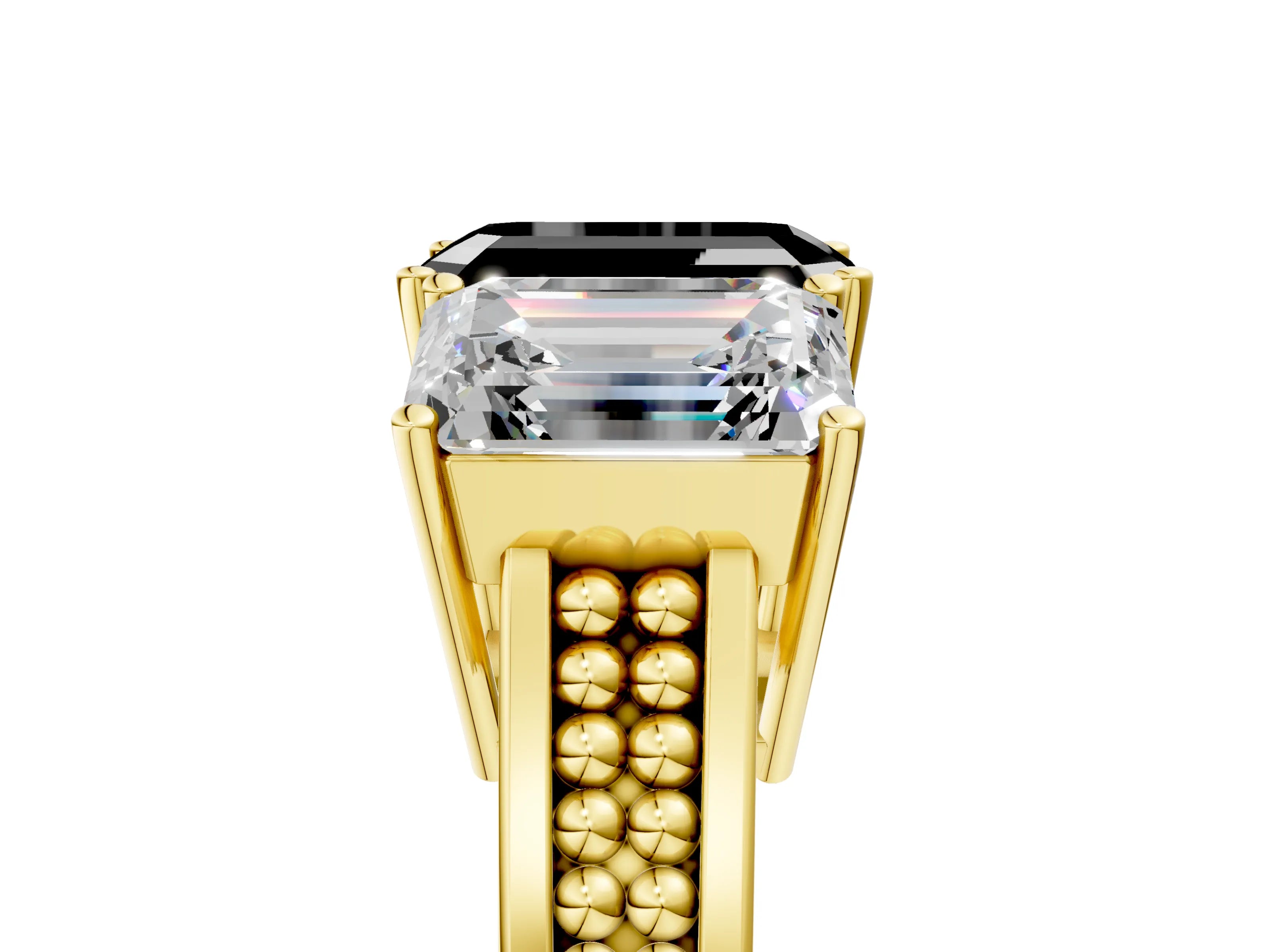 Yellow gold Fancy Black Emerald Cut Diamond Three-Stone Ring with Prong Setting and Textured Band_5