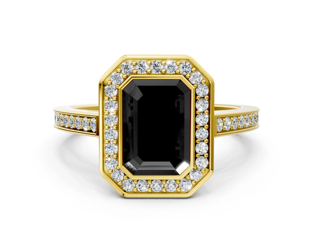 Yellow gold Fancy Black Emerald Cut Halo Bezel Diamond Pave Band Ring