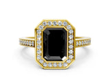 Yellow gold Fancy Black Emerald Cut Halo Bezel Diamond Pave Band Ring