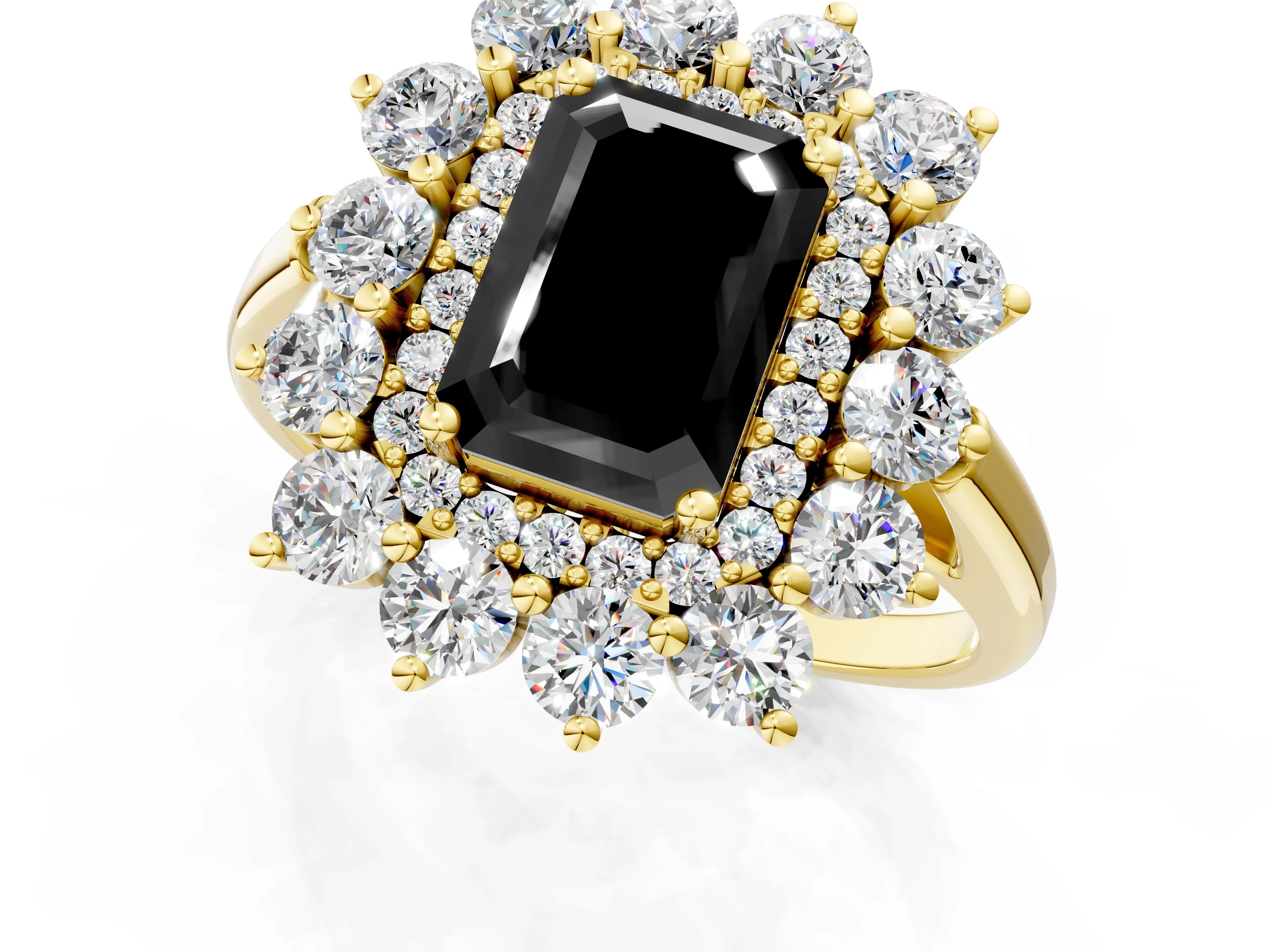Yellow gold Fancy Black Emerald Cut Halo Cluster Diamond Ring with Pave Band and Four-Prong Setting_1