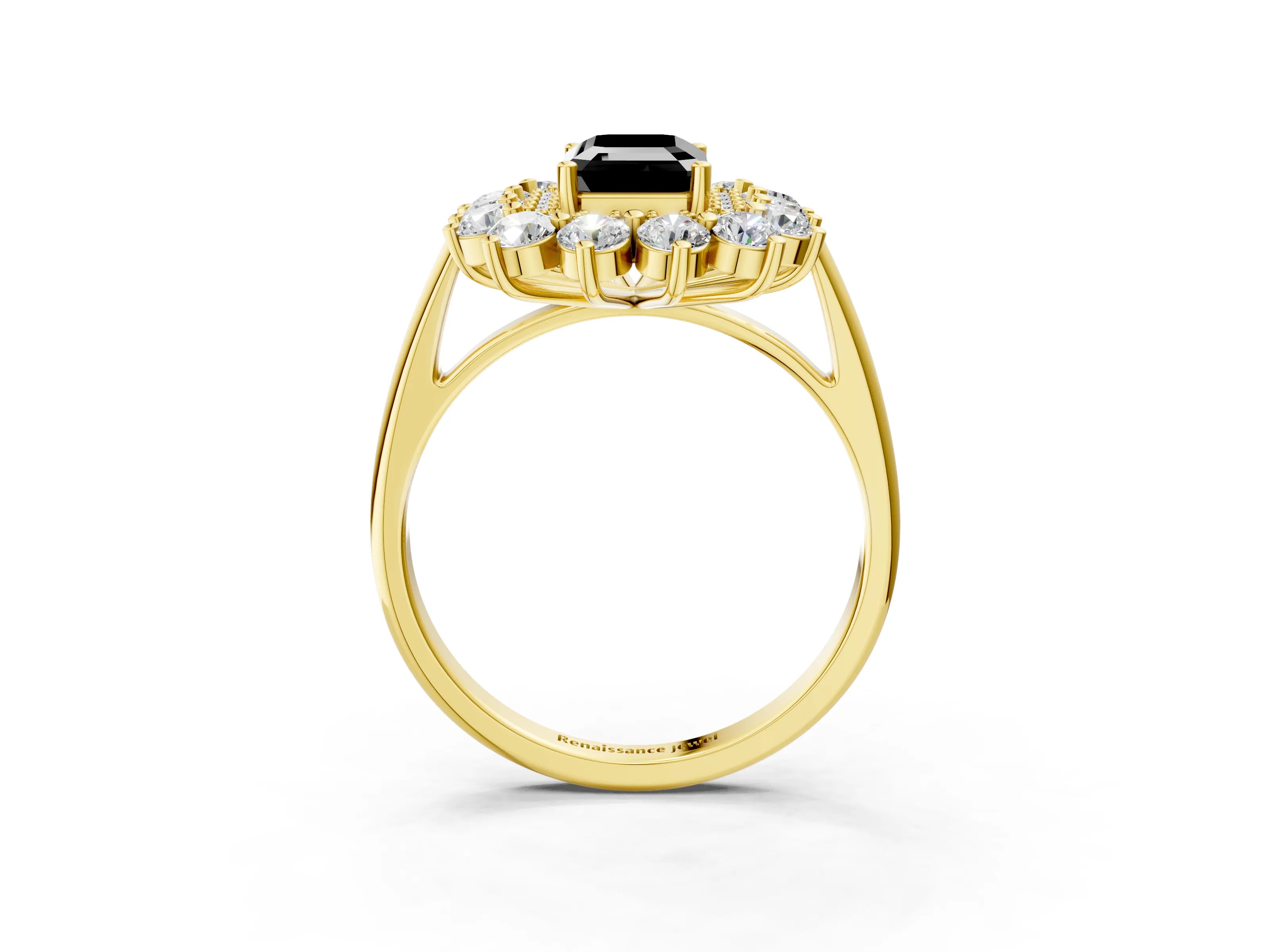 Yellow gold Fancy Black Emerald Cut Halo Cluster Diamond Ring with Pave Band and Four-Prong Setting_3