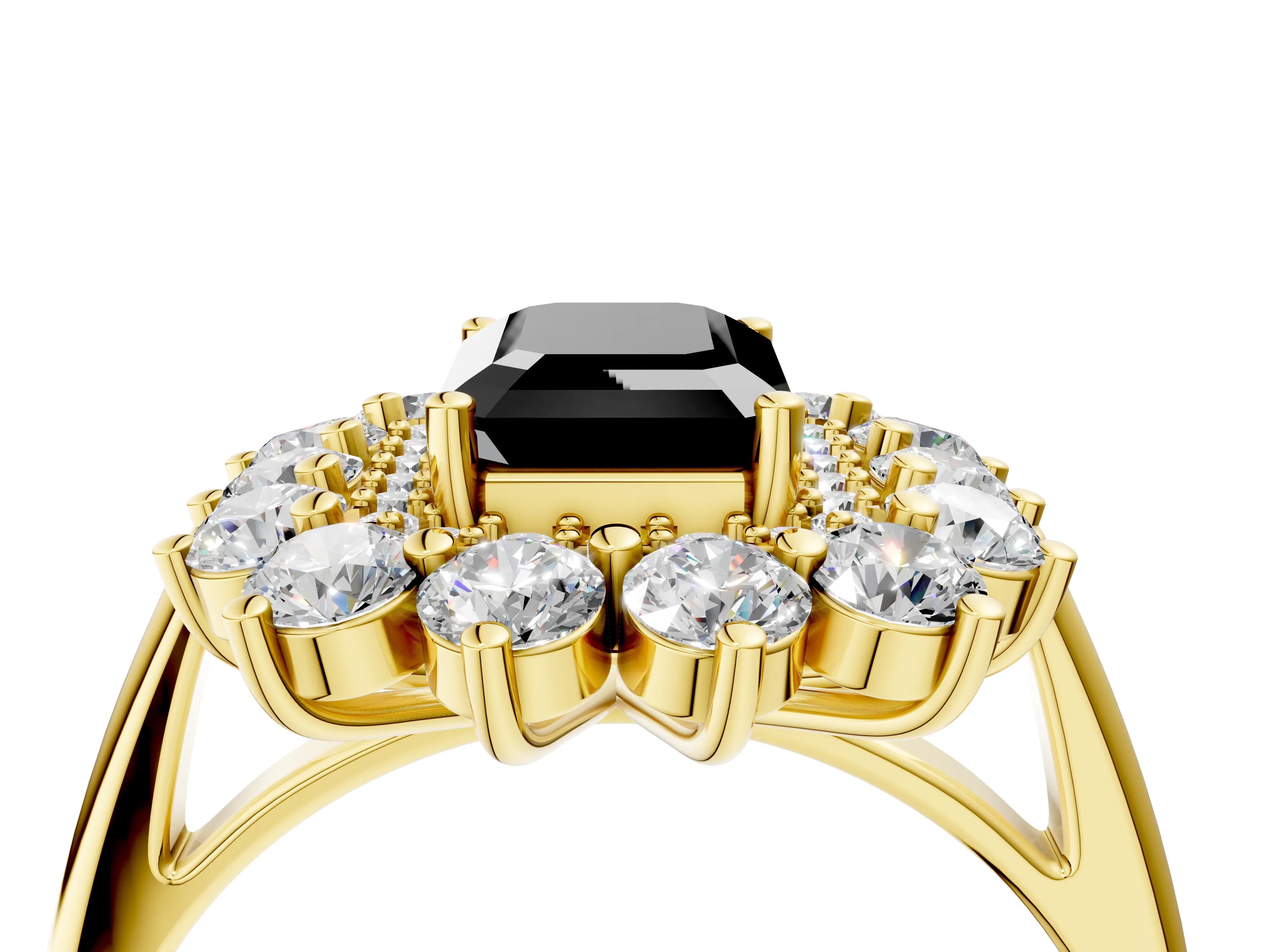 Yellow gold Fancy Black Emerald Cut Halo Cluster Diamond Ring with Pave Band and Four-Prong Setting_4