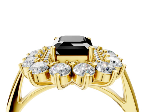 Yellow gold Fancy Black Emerald Cut Halo Cluster Diamond Ring with Pave Band and Four-Prong Setting_4