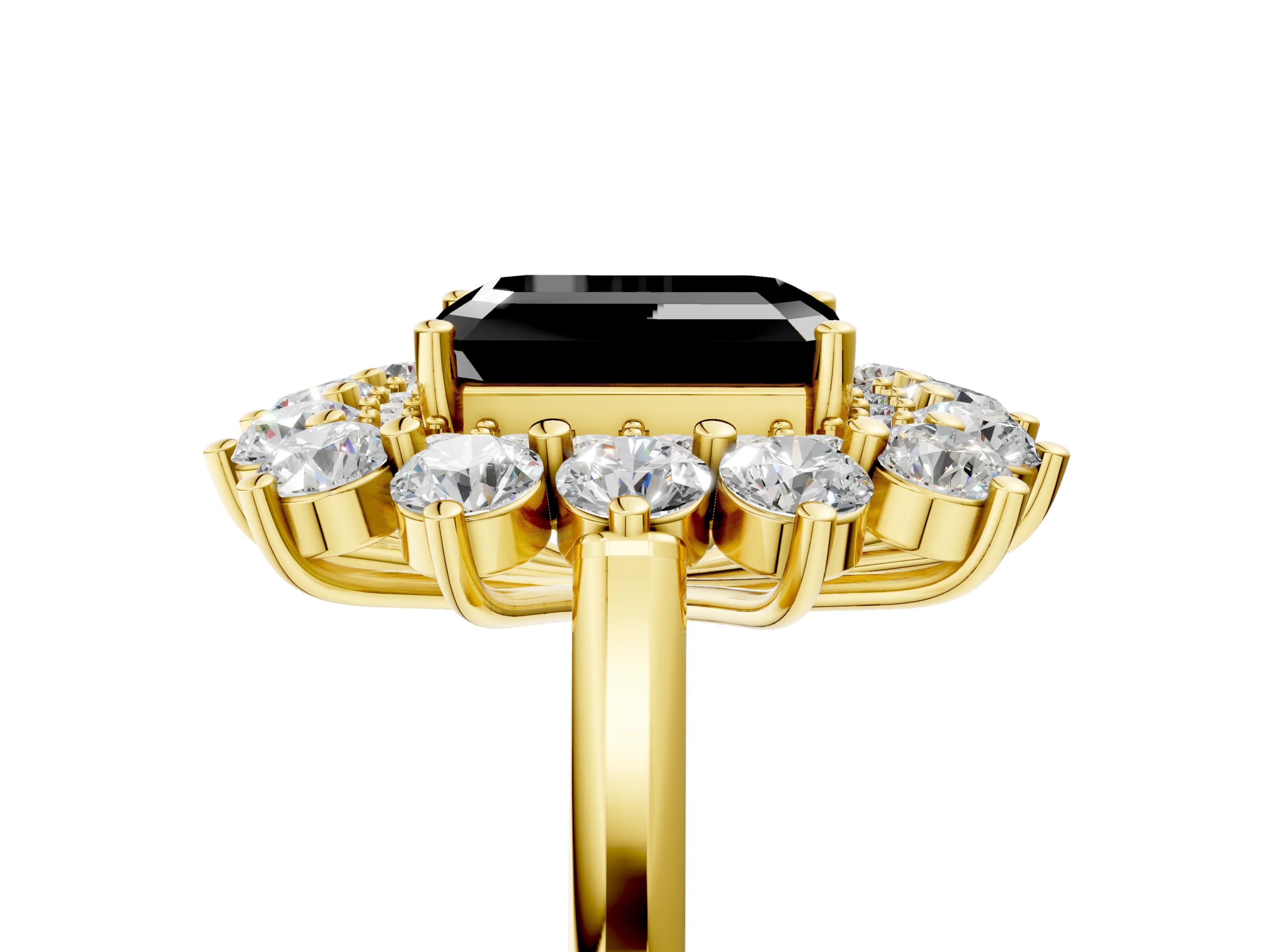 Yellow gold Fancy Black Emerald Cut Halo Cluster Diamond Ring with Pave Band and Four-Prong Setting_5