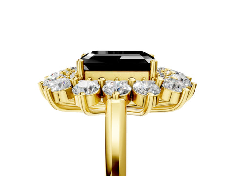 Yellow gold Fancy Black Emerald Cut Halo Cluster Diamond Ring with Pave Band and Four-Prong Setting_5