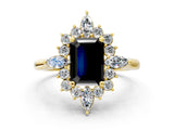 Yellow gold Fancy Black Emerald Cut Halo Diamond Cluster Ring with Marquise and Round Stones on a White Gold Band with Prong Setting