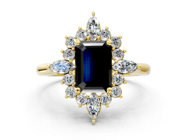Yellow gold Fancy Black Emerald Cut Starburst Halo Engagement Ring Setting with Marquise and Round Accents