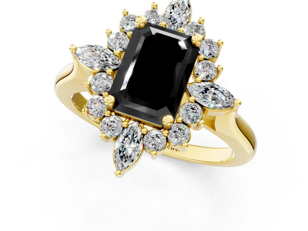 Yellow gold Fancy Black Emerald Cut Starburst Halo Engagement Ring Setting with Marquise and Round Accents