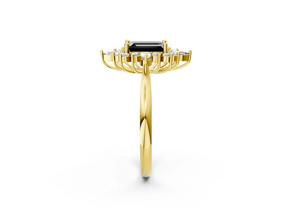 Yellow gold Fancy Black Emerald Cut Starburst Halo Engagement Ring Setting with Marquise and Round Accents