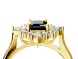Yellow gold Fancy Black Emerald Cut Halo Diamond Cluster Ring with Marquise and Round Stones on a White Gold Band with Prong Setting_4