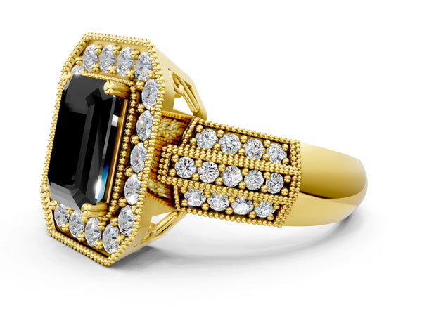Yellow gold Fancy Black Emerald Cut Halo Diamond Engagement Ring with Pave Split Shank and Four-Prong Setting