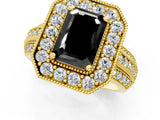 Yellow gold Fancy Black Emerald Cut Halo Diamond Engagement Ring with Pave Split Shank and Four-Prong Setting_1