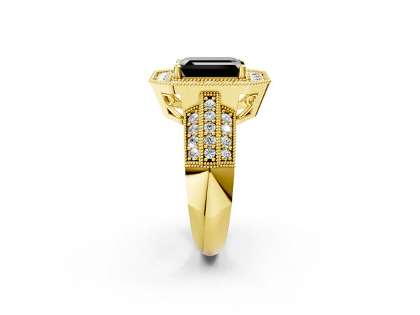 Yellow gold Fancy Black Emerald Cut Halo Diamond Engagement Ring with Pave Split Shank and Four-Prong Setting