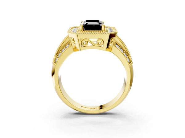 Yellow gold Fancy Black Emerald Cut Halo Diamond Engagement Ring with Pave Split Shank and Four-Prong Setting
