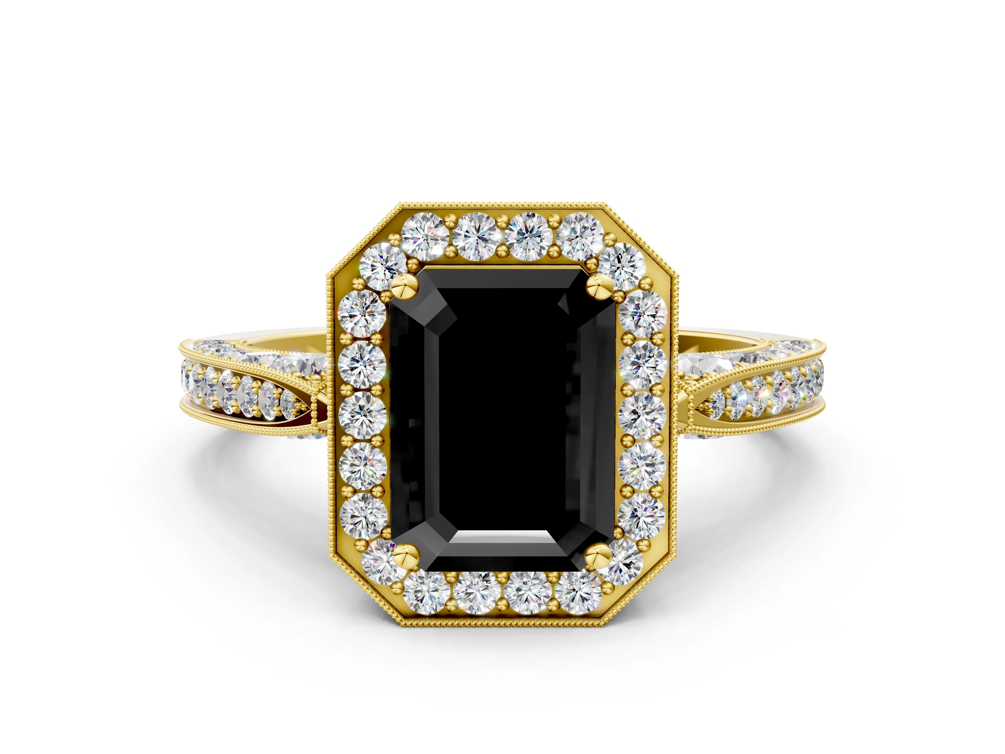 Yellow gold Fancy Black Emerald Cut Halo Diamond Engagement Ring with Split Shank Band and Four-Prong Setting