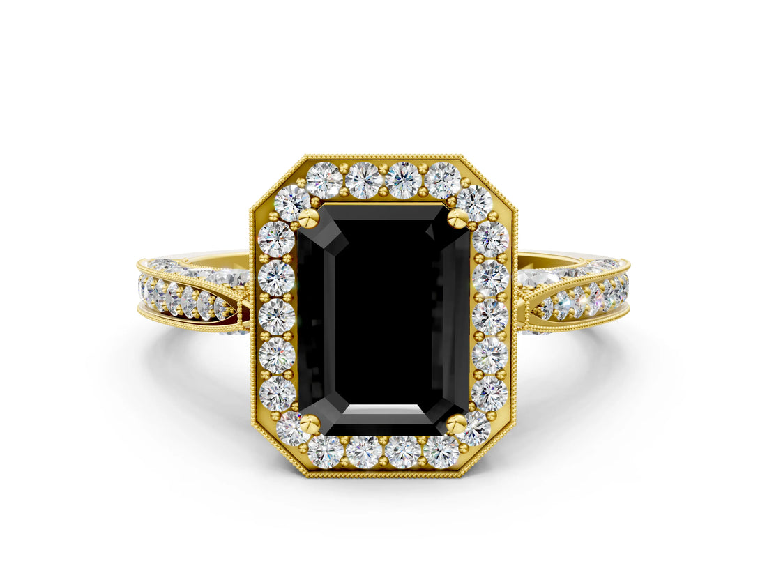 Yellow gold Fancy Black Emerald Cut Halo Diamond Engagement Ring with Split Shank Band and Four-Prong Setting