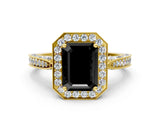 Yellow gold Fancy Black Emerald Cut Halo Diamond Engagement Ring with Split Shank Band and Four-Prong Setting