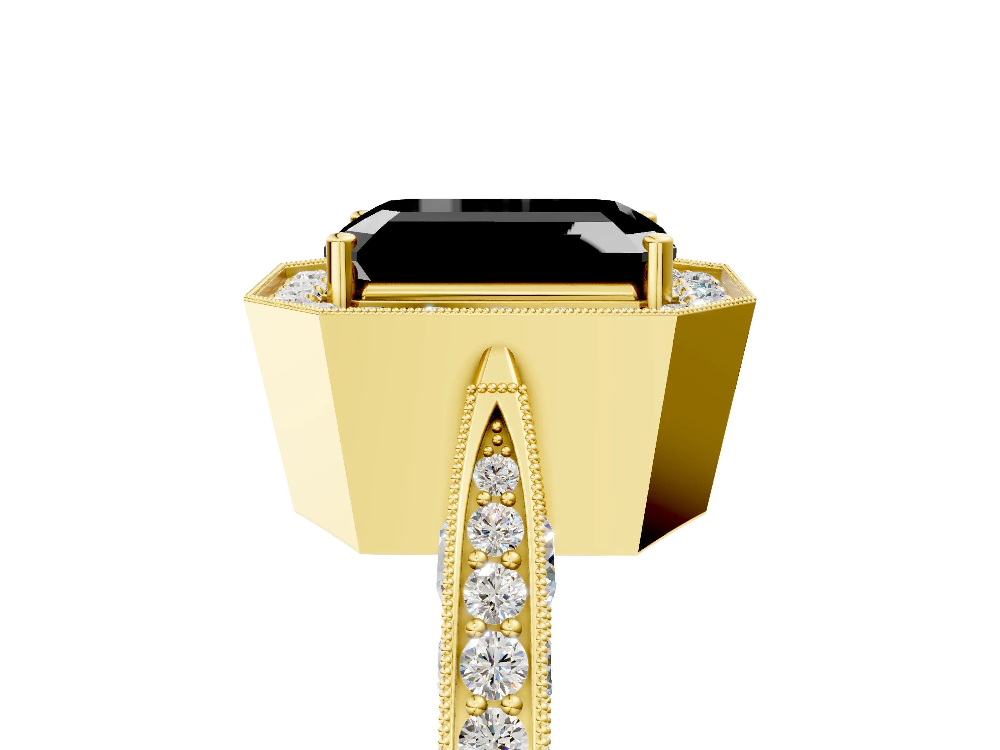 Yellow gold Fancy Black Emerald Cut Halo Diamond Engagement Ring with Split Shank Band and Four-Prong Setting_5