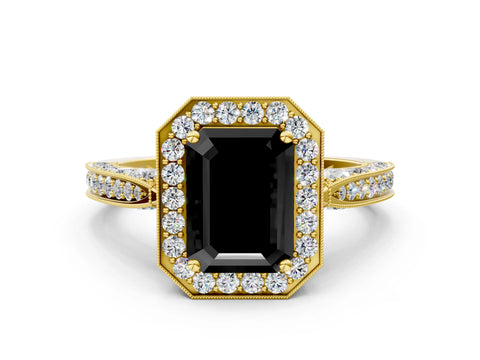 Yellow gold Fancy Black Emerald Cut Halo Diamond Engagement Ring with Split Shank Band and Four-Prong Setting