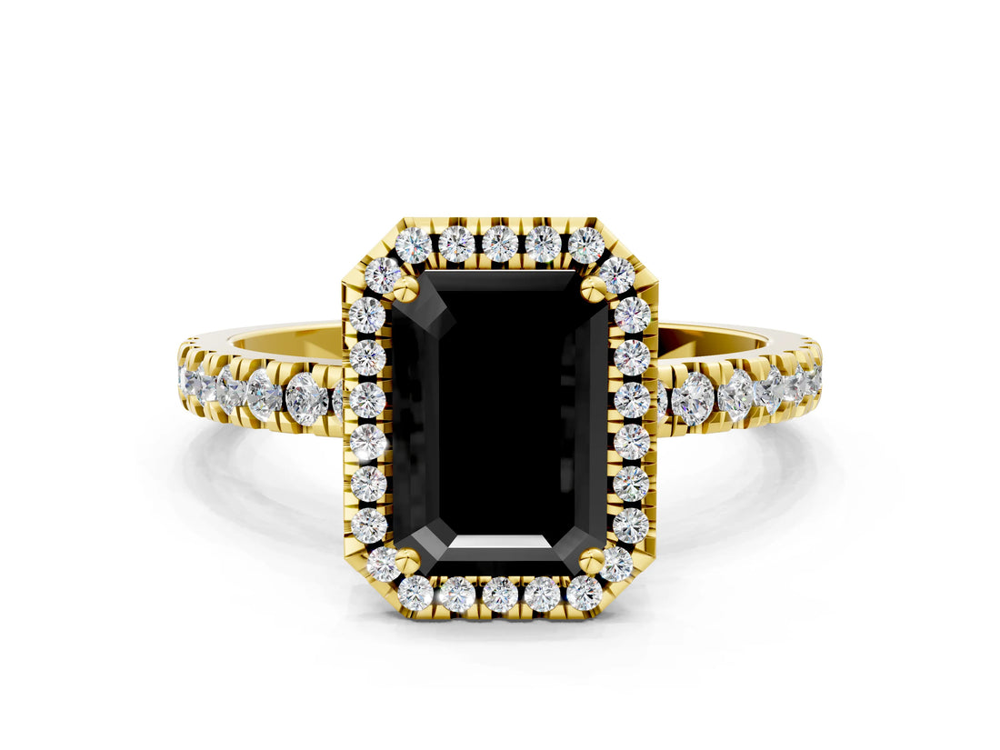 Yellow gold Fancy Black Emerald Cut Halo Diamond Pave Band with Prong Setting