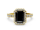 Yellow gold Fancy Black Emerald Cut Halo Diamond Pave Band with Prong Setting