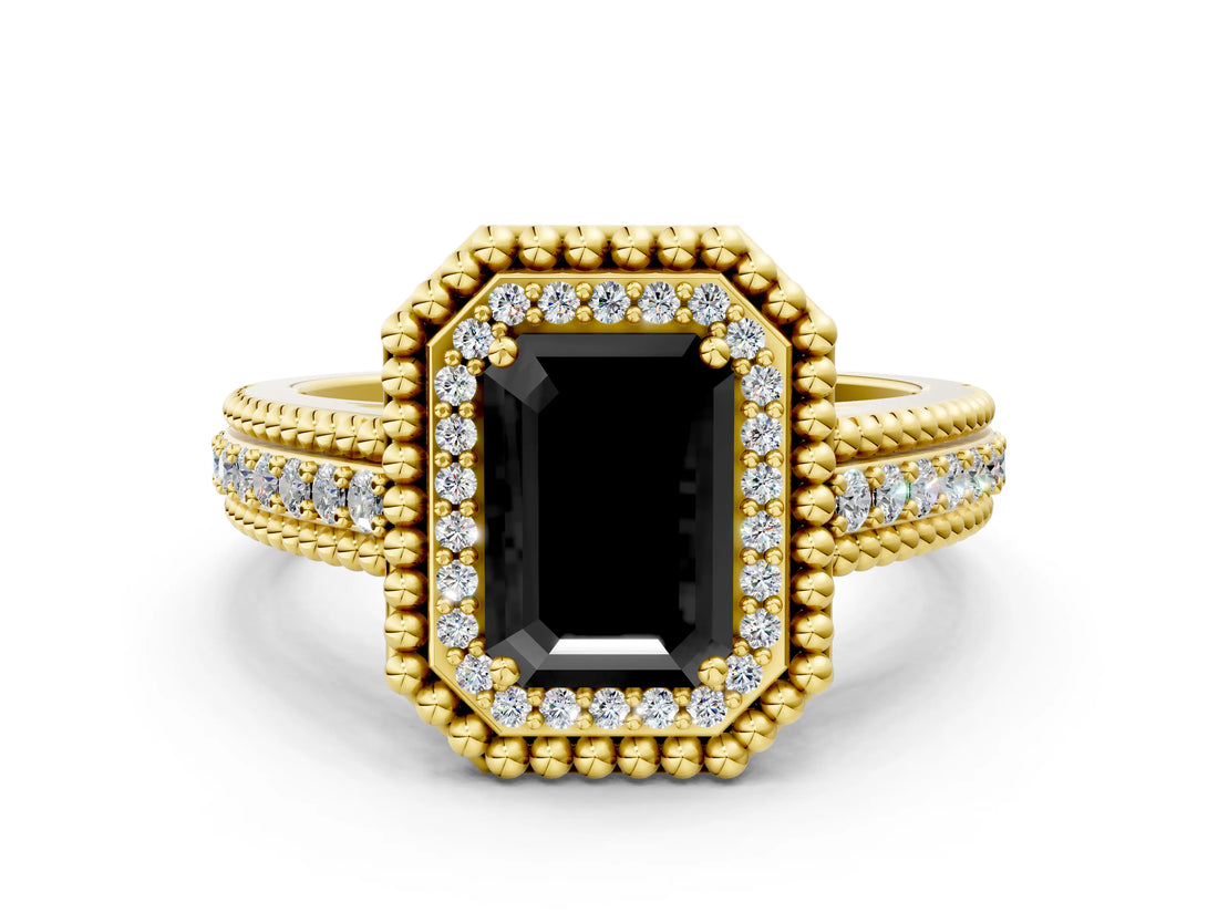 Yellow gold Fancy Black Emerald Cut Halo Diamond Ring with Beaded Split Shank and Four-Prong Setting