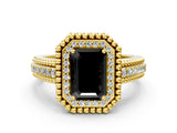 Yellow gold Fancy Black Emerald Cut Halo Diamond Ring with Beaded Split Shank and Four-Prong Setting