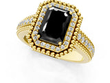 Yellow gold Fancy Black Emerald Cut Halo Diamond Ring with Beaded Split Shank and Four-Prong Setting_1