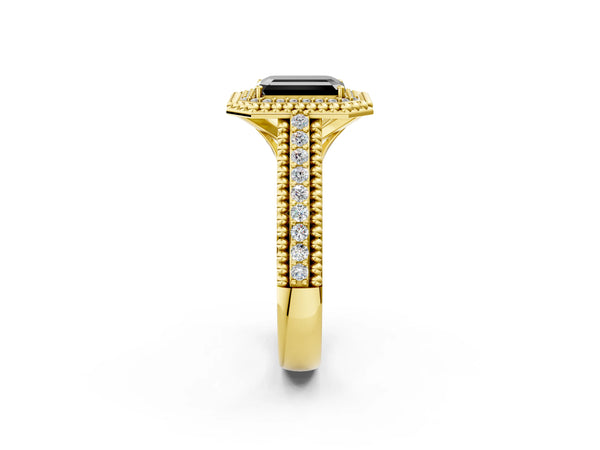 Yellow Gold Emerald Cut Beaded Halo Engagement Ring Setting for Black Center with Pave