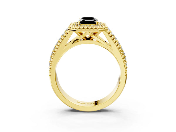 Yellow Gold Emerald Cut Beaded Halo Engagement Ring Setting for Black Center with Pave