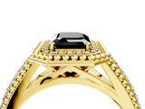 Yellow gold Fancy Black Emerald Cut Halo Diamond Ring with Beaded Split Shank and Four-Prong Setting_4