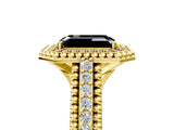Yellow gold Fancy Black Emerald Cut Halo Diamond Ring with Beaded Split Shank and Four-Prong Setting_5
