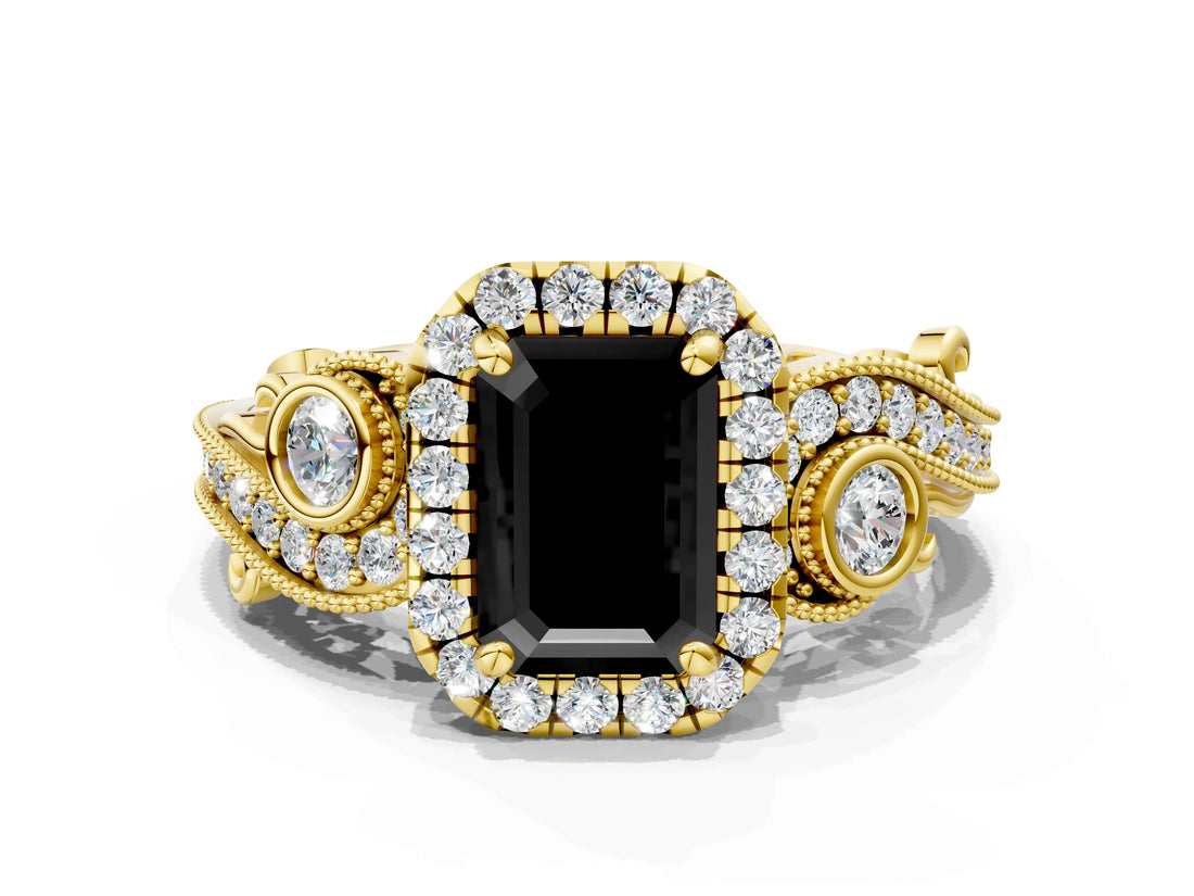 Yellow gold Fancy Black Emerald Cut Halo Diamond Ring with Milgrain and Bezel Accents on a Split Shank Band_13