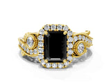 Yellow gold Fancy Black Emerald Cut Halo Diamond Ring with Milgrain and Bezel Accents on a Split Shank Band_13