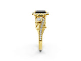 Yellow gold Fancy Black Emerald Cut Halo Diamond Ring with Milgrain and Bezel Accents on a Split Shank Band_14