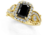 Yellow gold Fancy Black Emerald Cut Halo Diamond Ring with Milgrain and Bezel Accents on a Split Shank Band_14